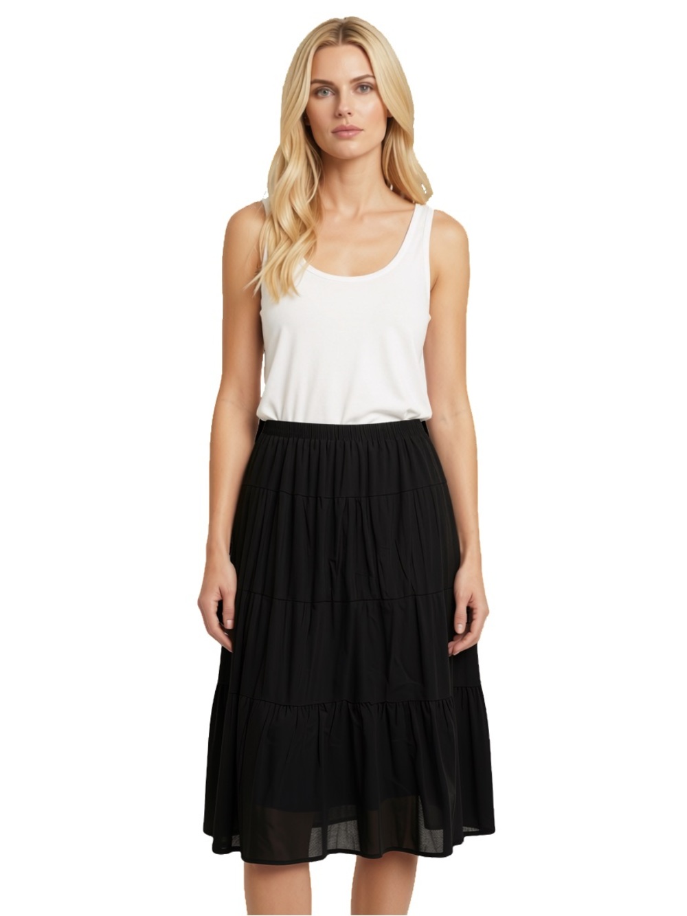 Black Tiered Midi Skirt for Women - Elastic Waist
